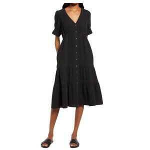 Madewell Lightspun Tiered Button Front slub cotton gauzy Midi Dress Size 4 black